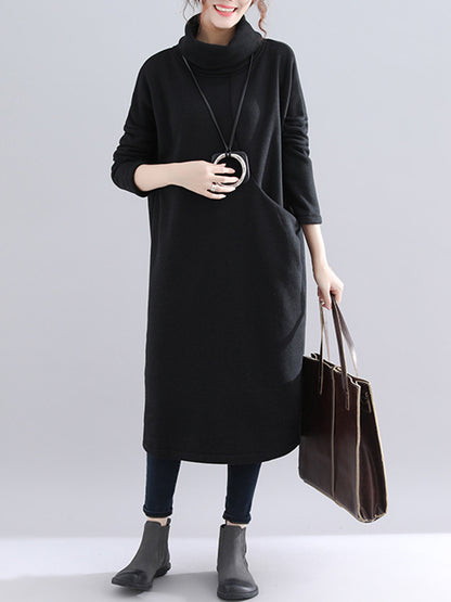 Simple Solid Color With Pocket High-Neck Long Sleeves Sweatshirt Dress