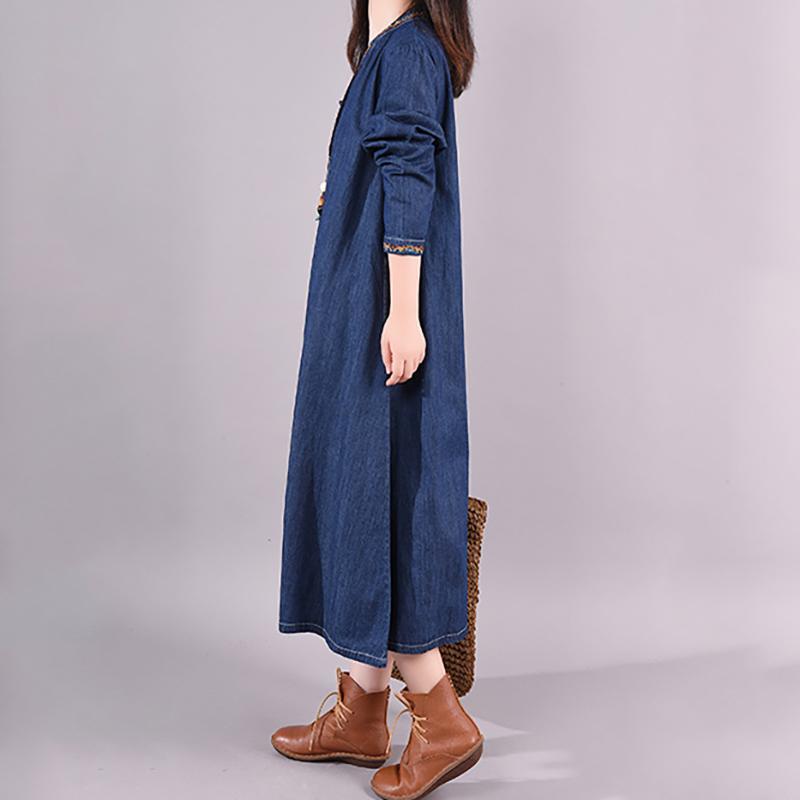 Buykud Solid Color Denim Loose Embroidery V-neck Dress