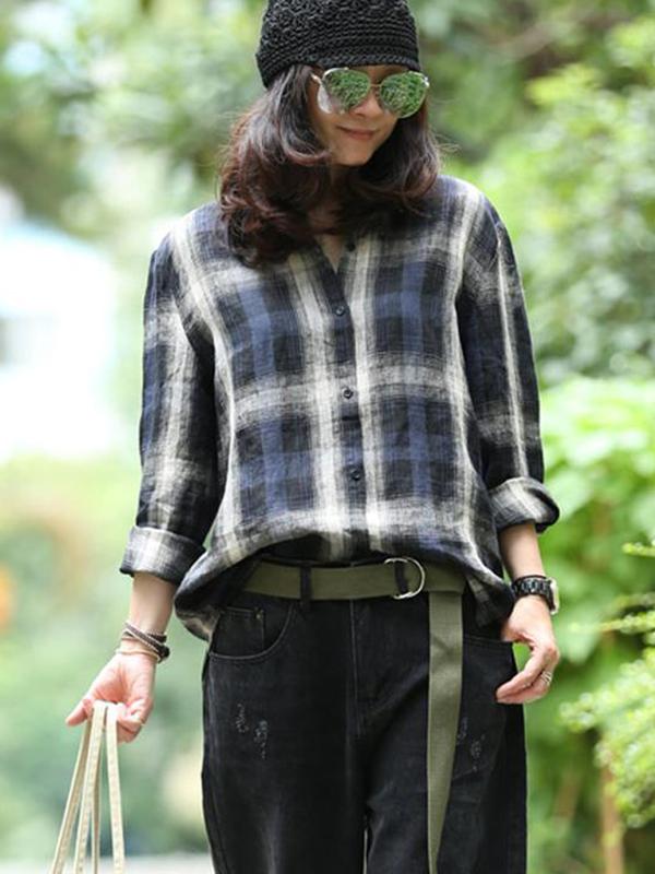 Blue Plaid Loose Linen Long Sleeve Shirt
