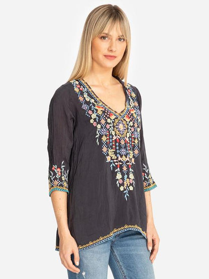 Exquisite Floral Embroidery Medium Sleeves Blouses