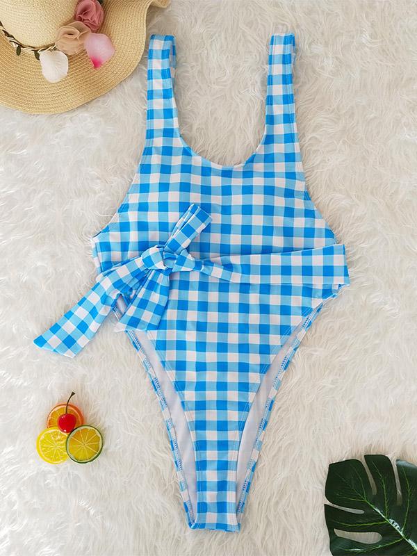 Plaid Bandage Backless One Piece Swimwear