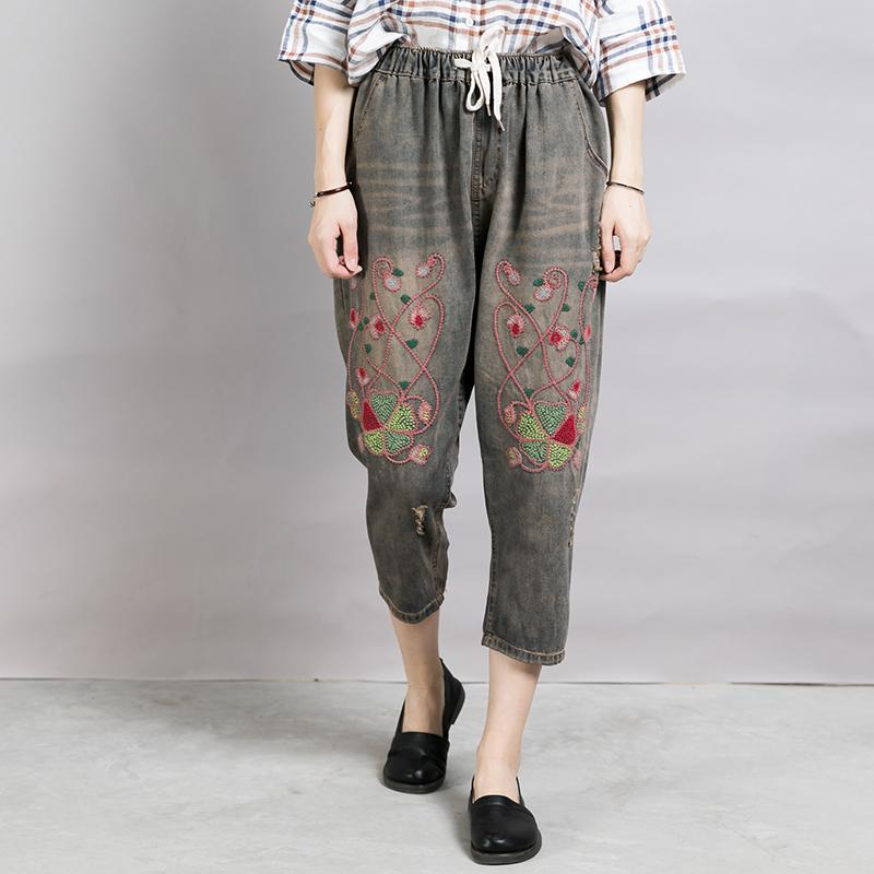 Embroidered Plant Worn Drawstring Nostalgic Jeans