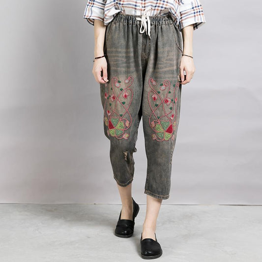 Embroidered Plant Worn Drawstring Nostalgic Jeans