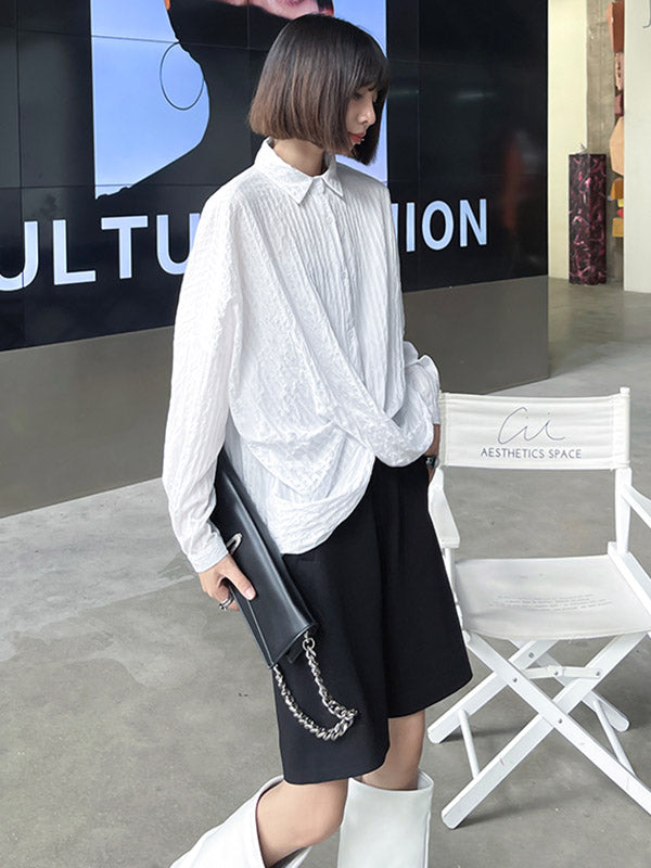 Casual Irregular Solid Color Buttoned Lapel Collar Long Sleeves Blouse