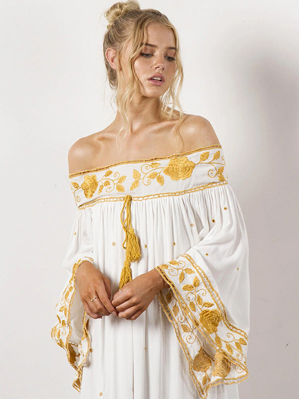 Vintage Embroidered Pleated Off-The-Shoulder Loose Maxi Dress