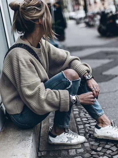Fshion Solid Color Long Sleeves Sweater Tops