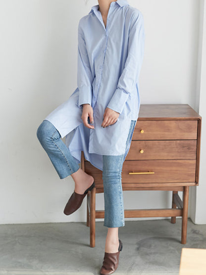 Simple Solid Color Buttoned Split-Side Lapel Collar Long Sleeves Blouse
