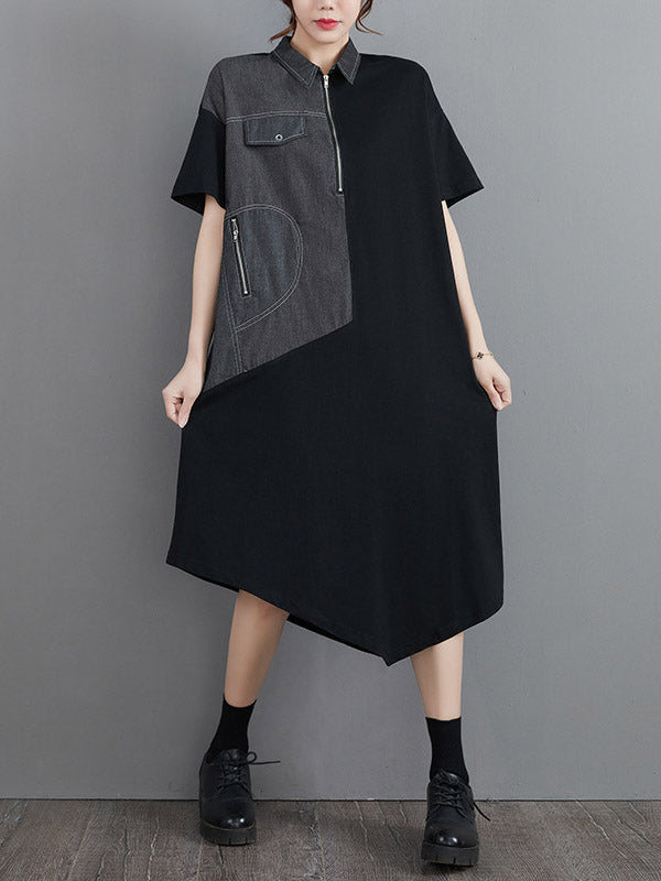 Casual Irregular Split-Joint Half Sleeves Lapel Collar Midi Shirt Dress