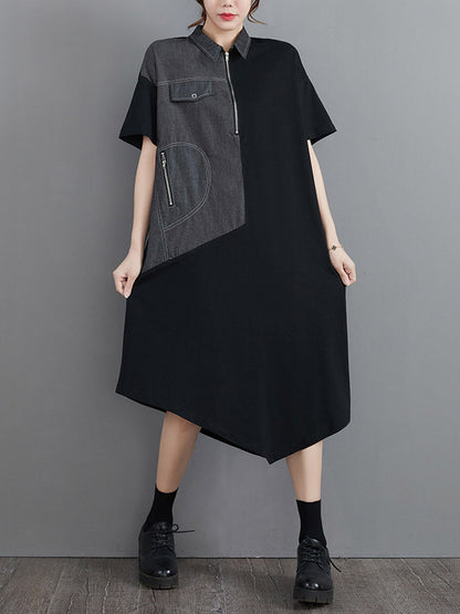 Casual Irregular Split-Joint Half Sleeves Lapel Collar Midi Shirt Dress