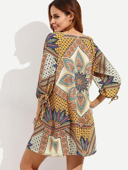 Beautiful Bohemia Floral Half Sleeve with Ties Mini Dress