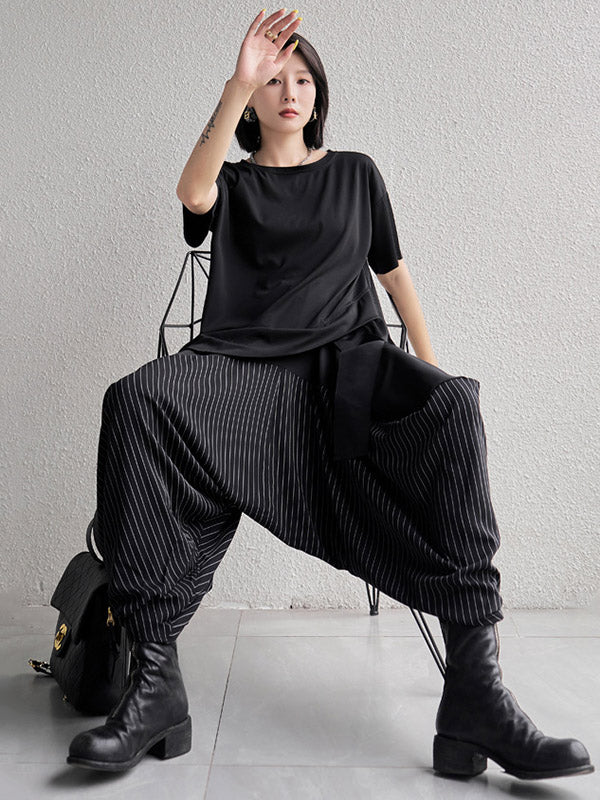 Original Black&White Asymmetric Round-Neck Short Sleeves T-Shirts