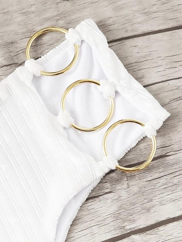 Solid Color Ring Hollow Split Bikini Swimsuit