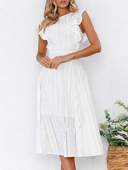 Lace Hollow Fuffled Irregular Midi Dress