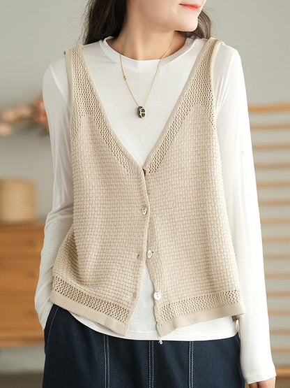 Simple Solid Color Buttoned V-Neck Hollow Vest Tops