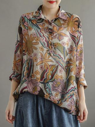 Artistic Retro Floral Lapel Shirt Blouse Tops