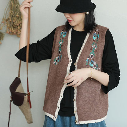 Buykud Wavy Edge Embroidery Cardigan Retro Waistcoat