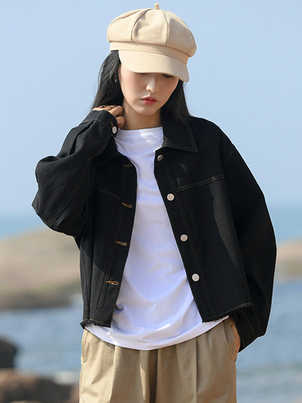 Casual Loose Long Sleeves Buttoned Solid Color Lapel Collar Jackets&Coats