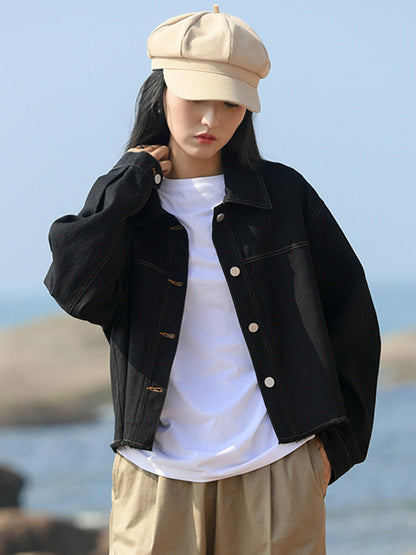 Casual Loose Long Sleeves Buttoned Solid Color Lapel Collar Jackets&Coats