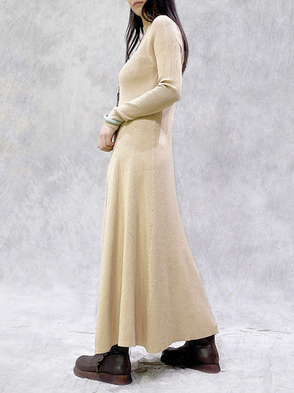Artistic Retro Solid Color Split-Joint High-Neck Long Sleeves Knitted Sweater Dress