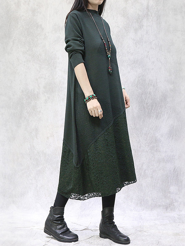 Artistic Retro Solid Color Split-Joint Embroidered Hollow Lace Stand Collar Long Sleeves Knitted Sweater Dress