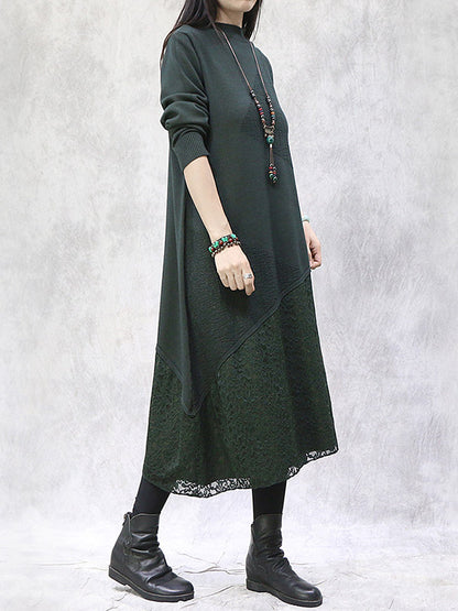 Artistic Retro Solid Color Split-Joint Embroidered Hollow Lace Stand Collar Long Sleeves Knitted Sweater Dress