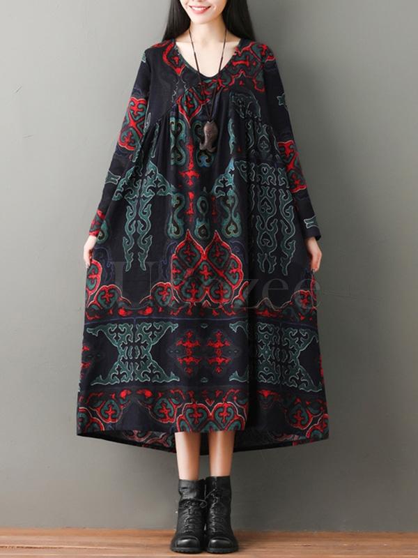 Vintage Floral Ramie Cotton V-neck Maxi Dress