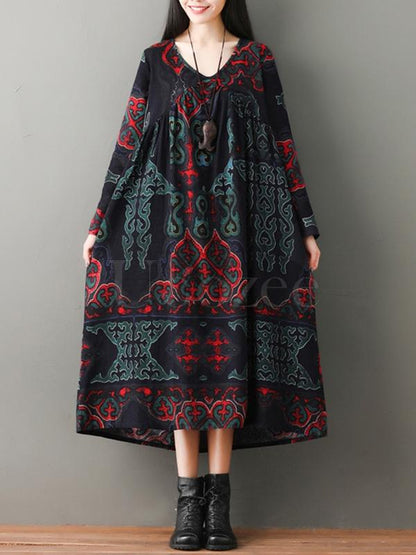 Vintage Floral Ramie Cotton V-neck Maxi Dress