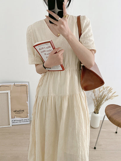 Urban Solid Color V-Neck Drawstring Short Sleeves Midi Dress