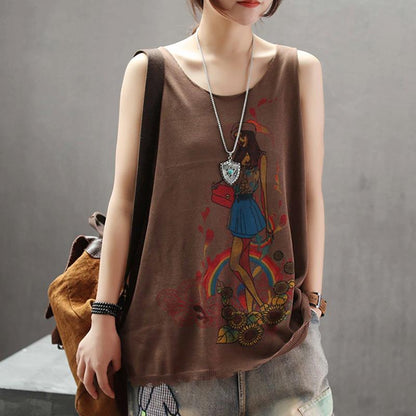 Casual Print Linen Loose Sleeveless Top
