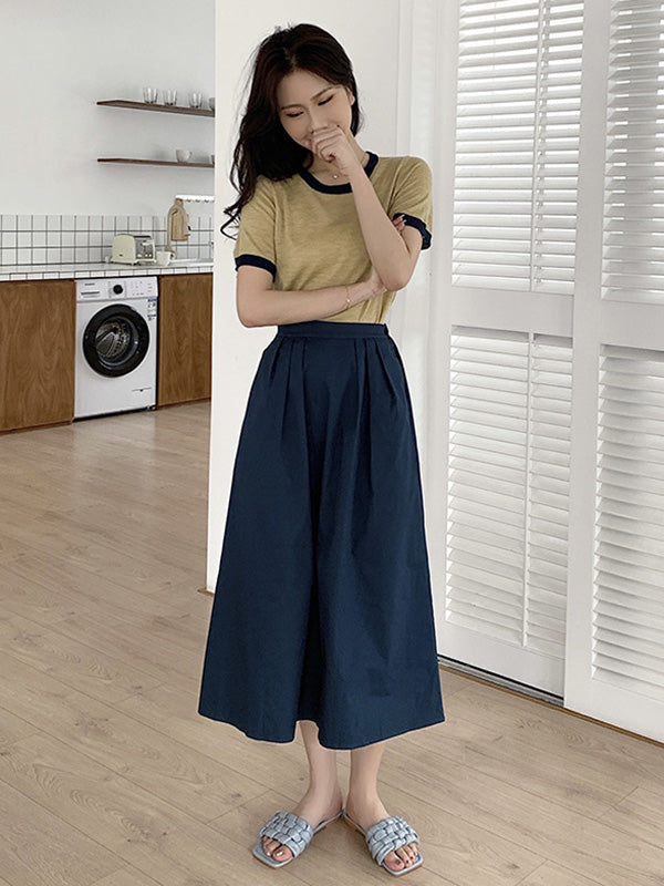 Casual Knitting Round-Neck Contrast Color T-Shirts Tops