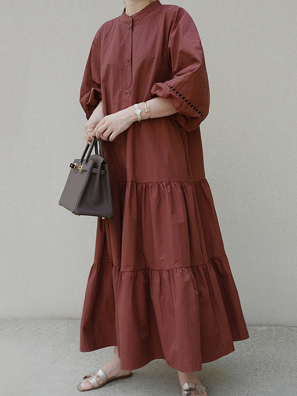Casual Solid Color Pleated Buttoned Stand Collar Hollow Puff Sleeves Midi Dress