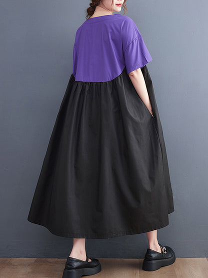 Original Loose Contrast Color Pleated Midi Dress