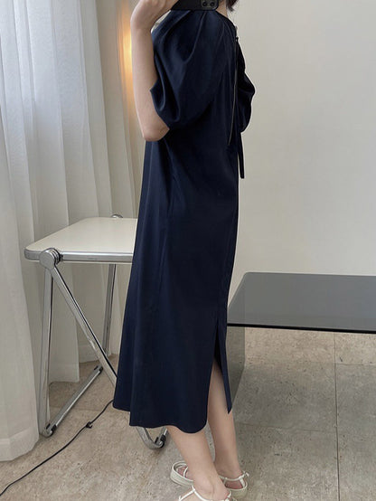 Girlish A-Line Puff Sleeves Round-Neck Midi Dress