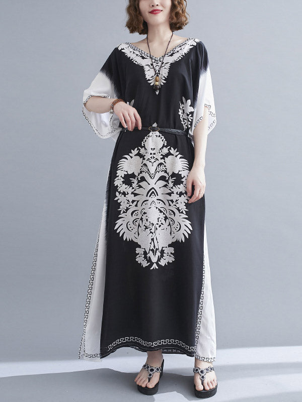 Bohemia Printed V-Neck Batwing Sleeves Contrast Color Maxi Dress