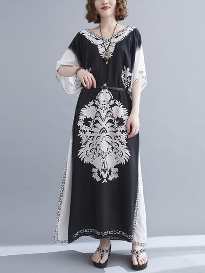Bohemia Printed V-Neck Batwing Sleeves Contrast Color Maxi Dress