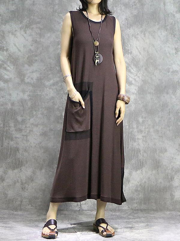 Retro Sleeveless Ramie Cotton Long Dress