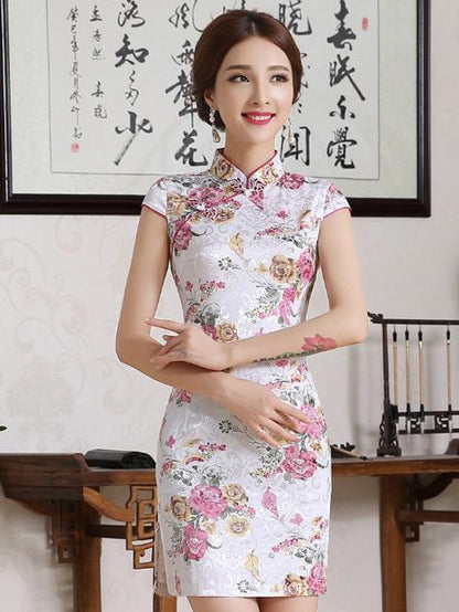 Traditional Chinese Short Dress with Floral Print