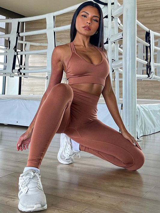 Solid Bra & High-Waist Hip-Lifting Leggings Sports Fitness Suit