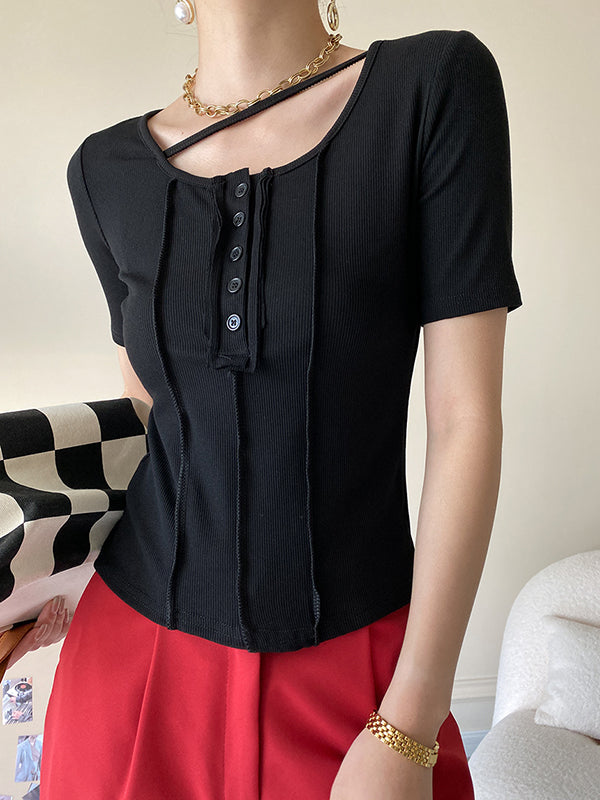 Original Stylish Solid Color Buttoned Skinny T-Shirt Top