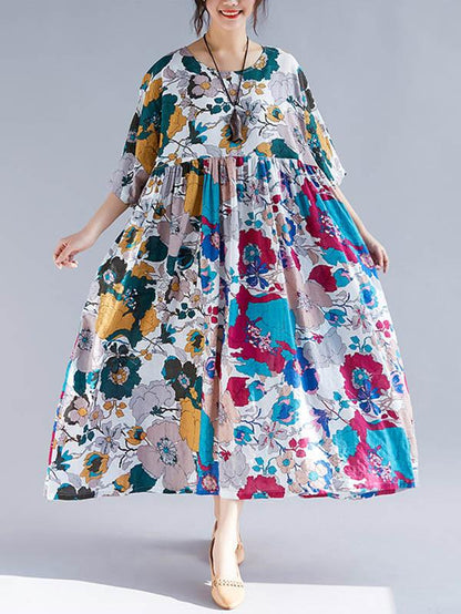 Plus Size Flower Print Round-neck Ramie Long Dress