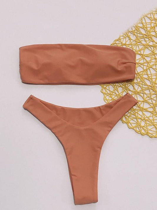 Solid Color Bandeau Split Bikini Swimsuit