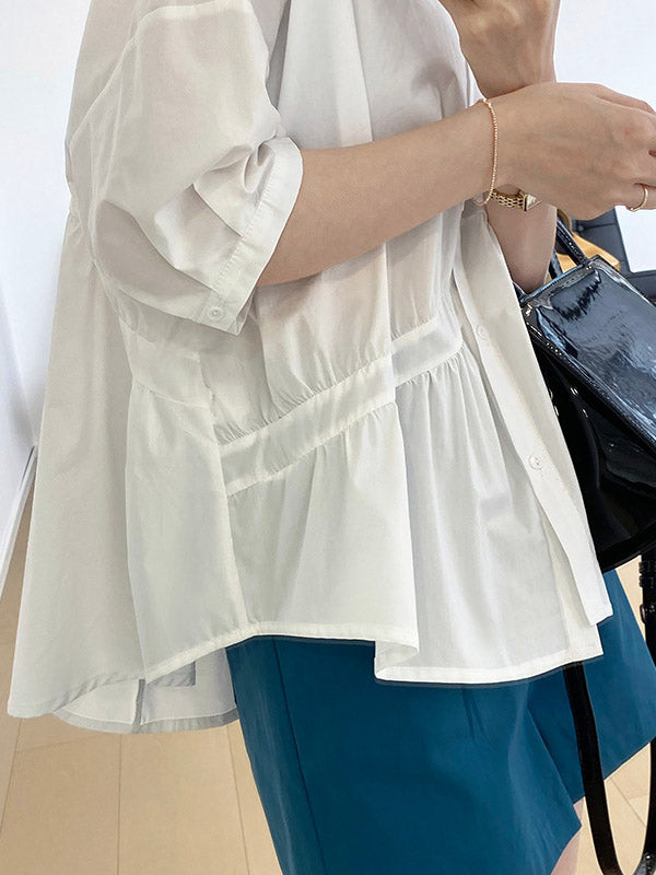 Stylish White&Blue Asymmetric High-Low Half Sleeves Blouses