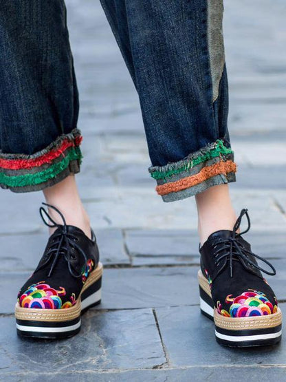 Floral Embroidered Leather Platform Shoes