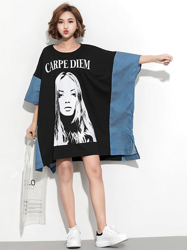 New Loose  Printed Split-joint Cartoon  T-Shirt Dress