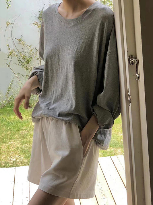 Long Sleeves Loose Solid Color Round-Neck T-Shirts Tops
