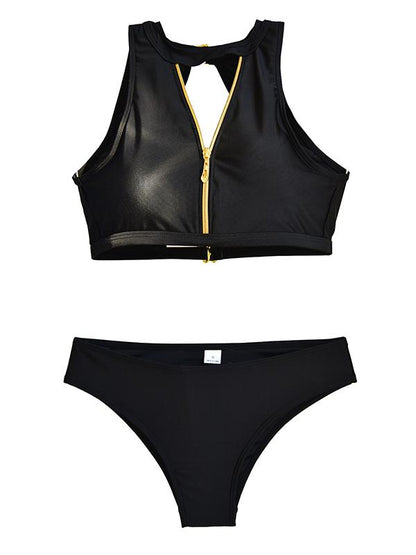 Solid Zipper Top With Panty Bikini Set
