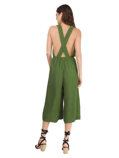 Solid Color V-neck Backless Wide Leg Jumpsuits Bottoms