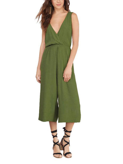 Solid Color V-neck Backless Wide Leg Jumpsuits Bottoms