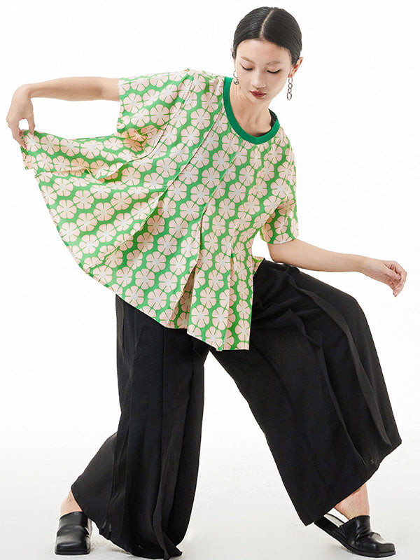 Original Loose Floral Printed Contrast Color Pleated T-Shirt Top