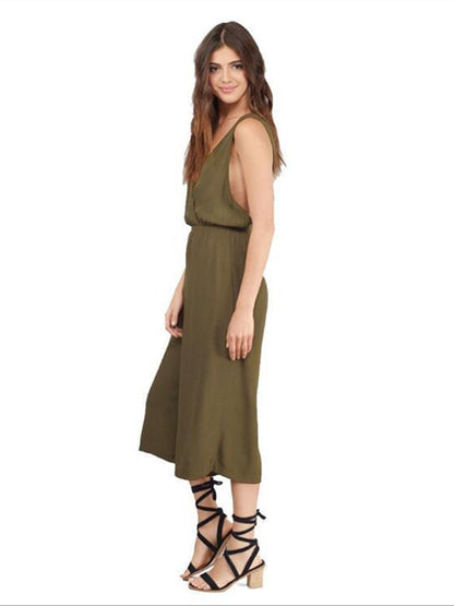 Solid Color V-neck Backless Wide Leg Jumpsuits Bottoms
